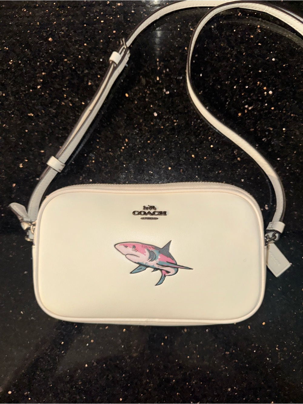 COACH (RARE) Sharky White Leather Crossbody with Pink Shark Motif